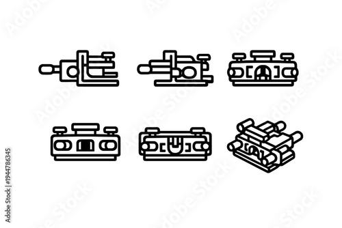 Set of industrial mechanical clamp and vise icons for metalworking and engineering projects on white background