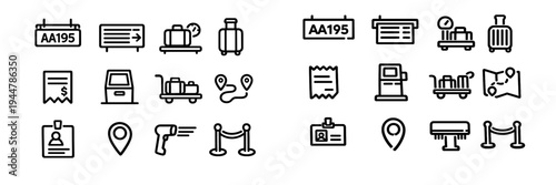 Collection of airport and travel line icons including luggage, flight board, ticket, navigation symbols, and transportation elements