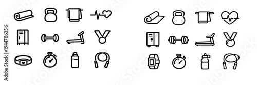 Fitness and gym equipment line icon set featuring workout tools like dumbbells kettlebells treadmill and stopwatch on white background