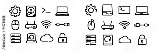 Set of computer technology and network hardware line icons including laptop server cloud and security symbols on white background