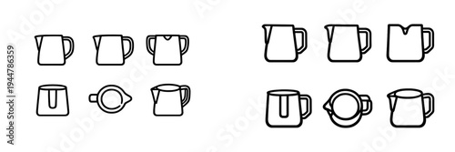 Minimalist line icons of milk frothing pitchers and stainless steel jugs for barista coffee preparation on white background