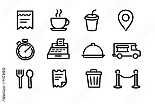 Set of restaurant and food service line icons including coffee cup cash register food truck and kitchen utensils on white background