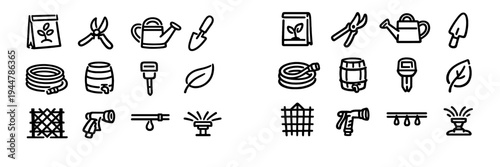Black and white garden tools and irrigation equipment icons including watering can hose sprinkler and pruning shears on white background