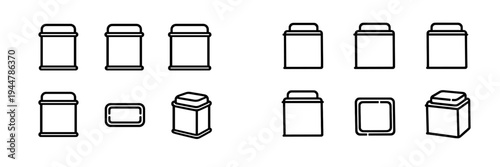 Set of minimalist line icons representing various metal tins and storage containers for kitchen or pantry organization on white background
