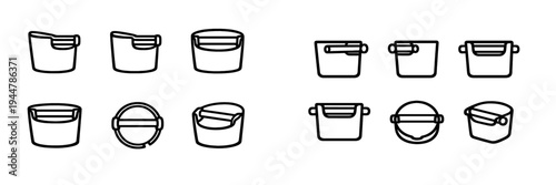 Minimalist bucket and pail icons shown from multiple perspectives including top and side views for household cleaning