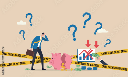 Overspending Big industrial crash causing bankruptcy in economic crisis concept, broken pink piggy bank and money been stolen yellow crime scene tape.