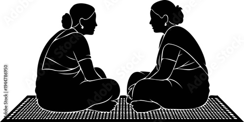 Two rural women sitting on mat and talking, village life vector
