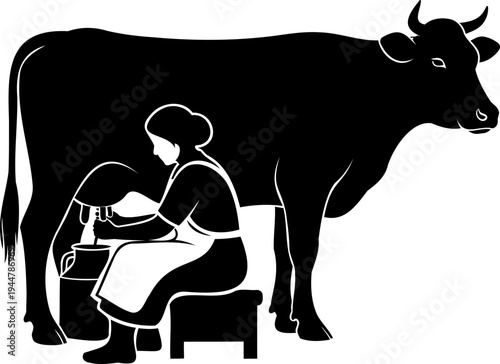 Woman milking a cow in farm, traditional dairy production vector