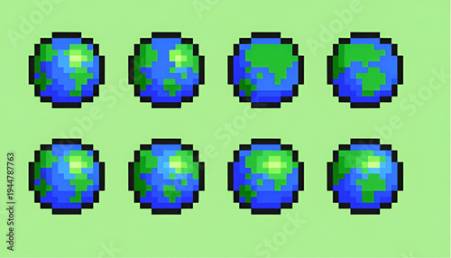 Pixel Art Planet Earth Set, World Globe Rotation Animation Sprite Sheet