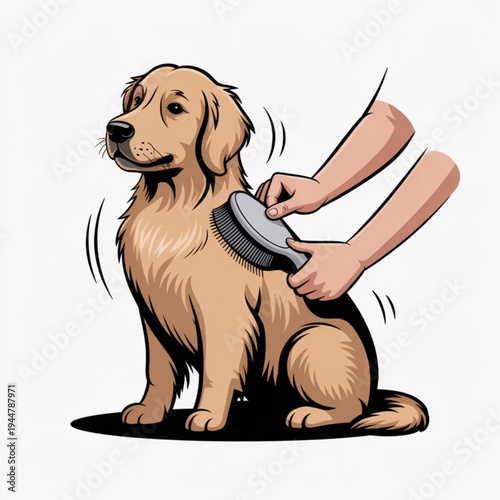 Illustration of a person grooming a golden retriever dog by brushing its thick fur gently Vector, illustration