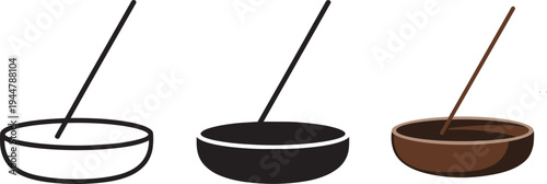 Incense stick in bowl vector illustration set with outline, filled, and colored versions