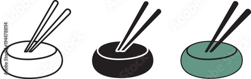 Chopsticks in bowl vector icon set in outline, solid, and color variations