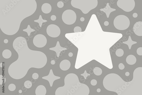 Gray and cream scattered star sparkle circle and blob abstract background. Flat vector soft monochrome playful shape pattern. Modern minimal dreamy wallpaper design