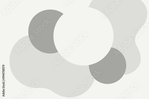 White and soft gray overlapping circle and organic blob abstract background. Flat vector light monochrome layered round shape composition. Modern minimal airy wallpaper design