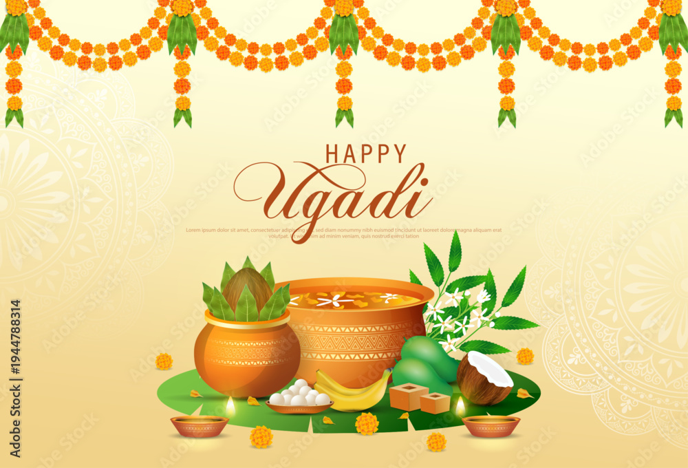 Fototapeta premium Happy Ugadi, New Year's Day according to the Hindu calendar - poster template design including Kalash, banana leaf, green mango, flowers, rangoli.
