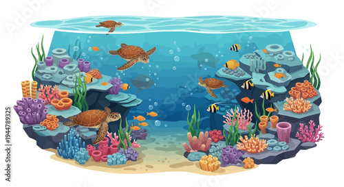 Isometric vector illustration of a vibrant underwater scene with sea turtles and various sea animals swimming around coral reefs and seaweed in a colorful ocean