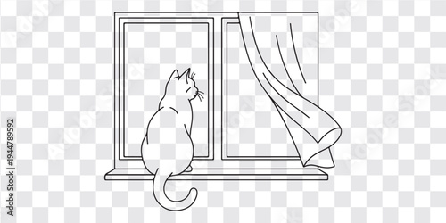 Cat Cartoon Line Drawing Illustration Showing Windowsill View With Curtain And Peaceful Relaxation Concept