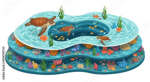 Isometric vector illustration of a vibrant underwater scene with sea turtles and fish swimming in a colorful coral reef ecosystem on World Wildlife Day