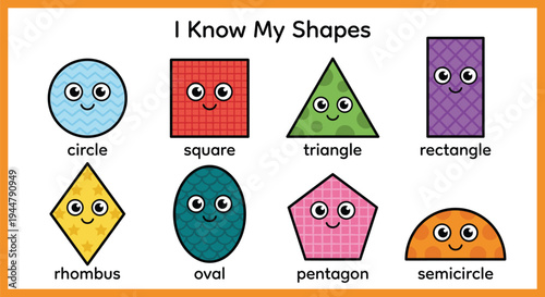 Educational shapes chart with cute smiley faces for preschool children learning math