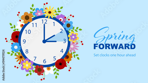 spring forward banner  with flat clock, leaves and flowers
