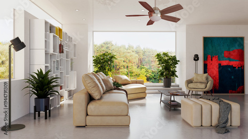 Large illustration 3D rendering luxury modern bright interiors Living room mockup with Couch and Ceiling Fan Ventilation
