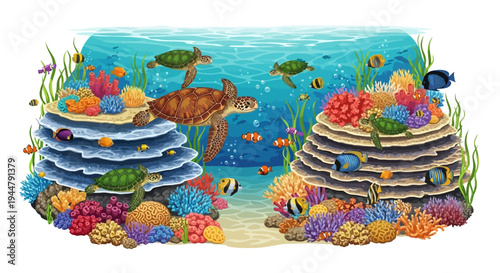 Isometric vector illustration of a vibrant underwater scene with sea turtles, fish, and colorful coral reefs, showcasing marine life and oceanic ecosystem on World Wildlife Day