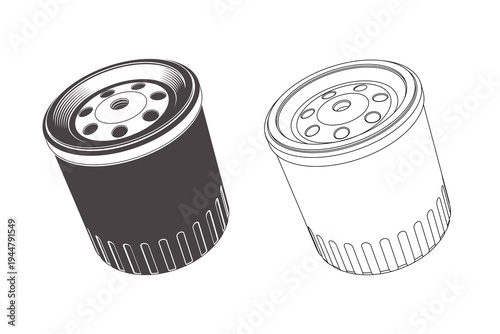 Automobile Oil filter icon isolated on white background. Vector. Concept for expert service car repair center, restoration and car club in monochrome style. Silhouette and line art