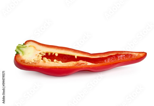 Halved Red Bell Pepper with Seeds Isolated on White Background