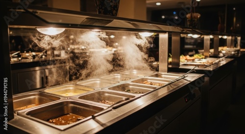 A long buffet counter with steam rising from the food compartments in a dimly lit room with warm lig