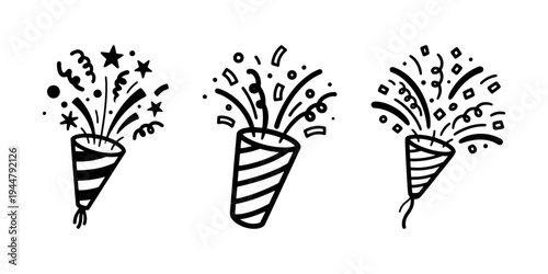 Set of hand drawn party popper icons with exploding confetti and stars for birthday celebration and festive events