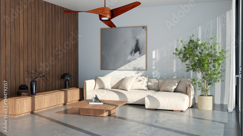 Large illustration 3D rendering luxury modern bright interiors Living room mockup with Couch and Ceiling Fan Ventilation