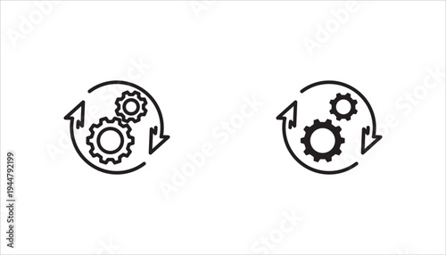 A collection of black and white line icons for technology development, innovation concepts, system integration, software business, technical support, and smart solutions. Vector illustration, eps10.