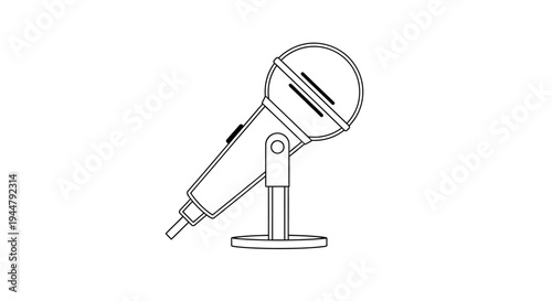 Simple black and white line art vector icon of a classic microphone on a stand, symbolizing audio recording, podcasting, and public speaking.