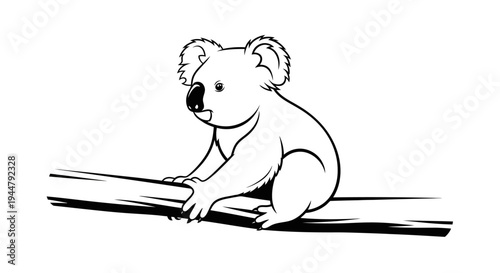 Adorable cartoon koala on tree branch, black and white line art vector illustration for children's books, coloring pages, and nature designs