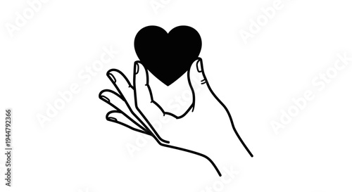 Stylized Line Art Illustration of a Human Hand Offering a Dark Heart Symbol for Love, Generosity, and Emotional Connection