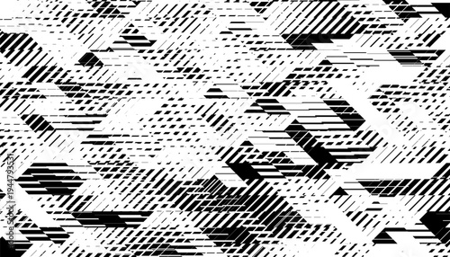 Abstract Geometric Hexagon Pattern Black and White Halftone Line Vector Background. Rough effect for modern background and jersey design. Editable graphic resource. EPS10 