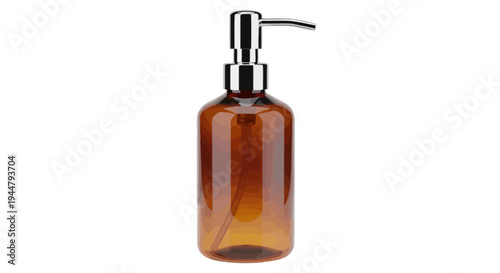 Amber plastic pump bottle with chrome dispenser for liquid soap, lotion, or shampoo. Refillable container for bathroom, personal care storage, isolated on white