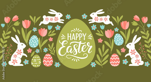 Happy Easter greeting with floral elements and cute bunnies, perfect for holiday celebrations and springtime decorations