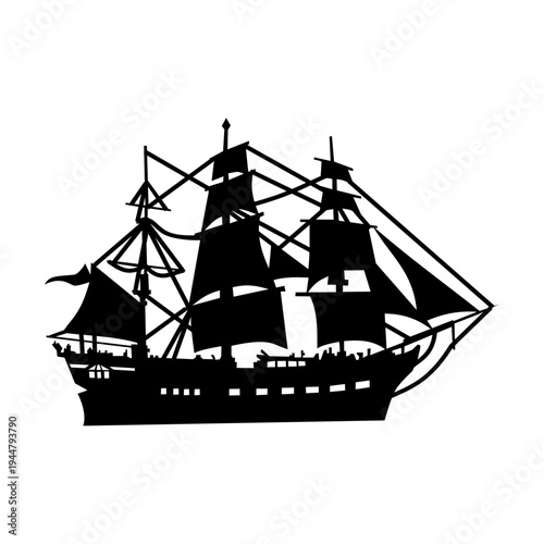 Black Silhouette of a Vintage Sailing Ship Isolated on White Background
