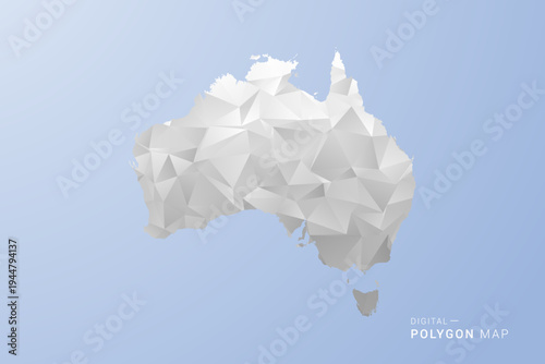Australia Map - polygon style vector illustration in gray, white and blue tone, low-poly geometric design, minimal silhouette, suitable for infographic and modern design.