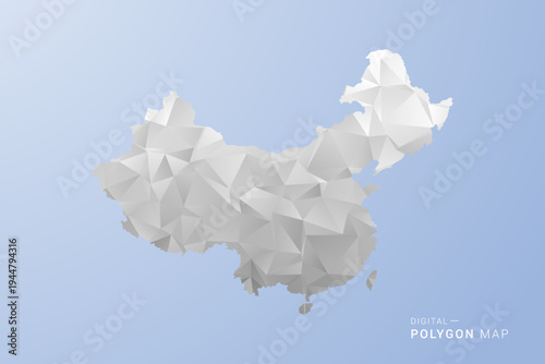 China Map - polygon style vector illustration in gray, white and blue tone, low-poly geometric design, minimal silhouette, suitable for infographic and modern design.