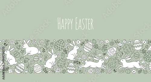 Happy Easter greeting card with cute bunnies and traditional Easter eggs scattered across a festive green background with subtle floral patterns, perfect for holiday wishes