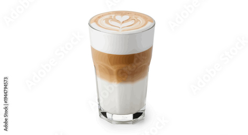 Elegant layered coffee beverage featuring a perfect blend of milk and espresso, crowned with exquisite frothy heart latte art for a delightful treat