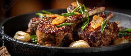 A rustic culinary tale of tender meat, vibrant greens, and sweet apricots, artfully presented in a dark skillet.