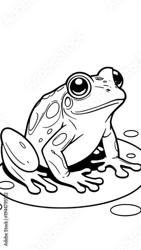 Psychedelic op-art frog drawing, black and white striped patterns forming the body of a frog, geometric dots and curves, frog perched on a triangular platform, hypnotic horizontal line background, mod