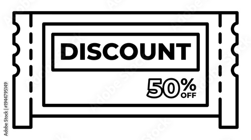 Modern Discount Ticket Coupon Template – 50% Off Retail Promotion Voucher, Sales Event Savings Deal, White on Black Marketing Design for Special Offer Campaign