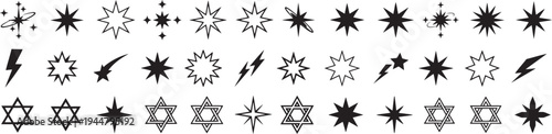 Retro Y2K Star Sparkle and Lightning Bolt Vector Icon Set