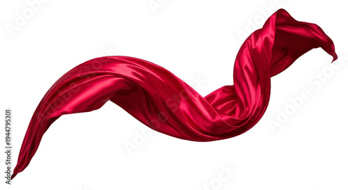 Flowing red fabric isolated on white background, elegant drape of silk cloth with graceful curves and soft folds, smooth textile movement