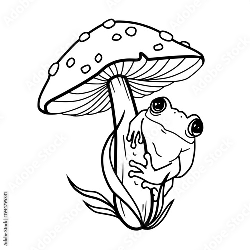 Psychedelic op-art frog drawing, black and white striped patterns forming the body of a frog, geometric dots and curves, frog perched on a triangular platform, hypnotic horizontal line background, mod