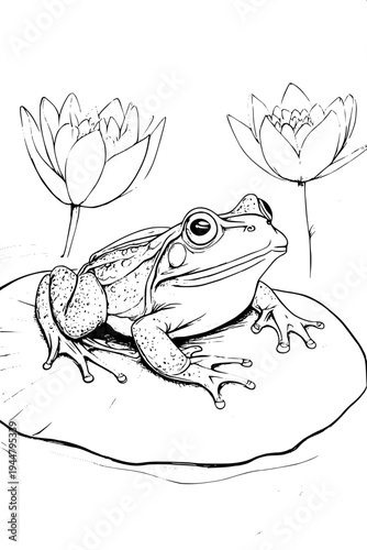 Psychedelic op-art frog drawing, black and white striped patterns forming the body of a frog, geometric dots and curves, frog perched on a triangular platform, hypnotic horizontal line background, mod